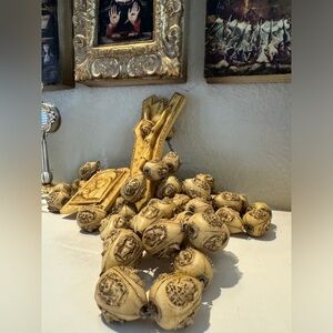 Vintage Wall Rosary Large Resin Carved Beads, Catholic, Prayer Crucifix, Rosario